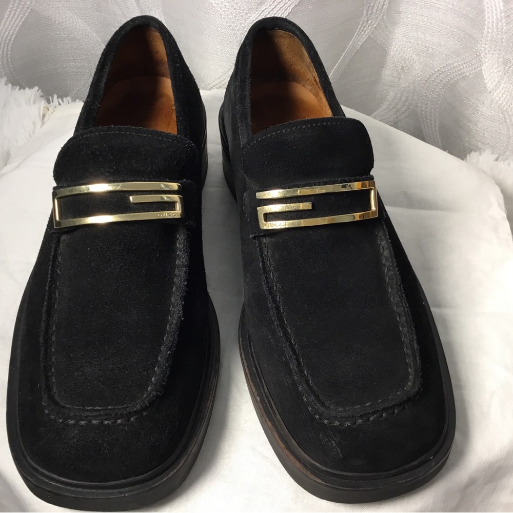 Gucci women Black Suede Loafers with Gold Accent